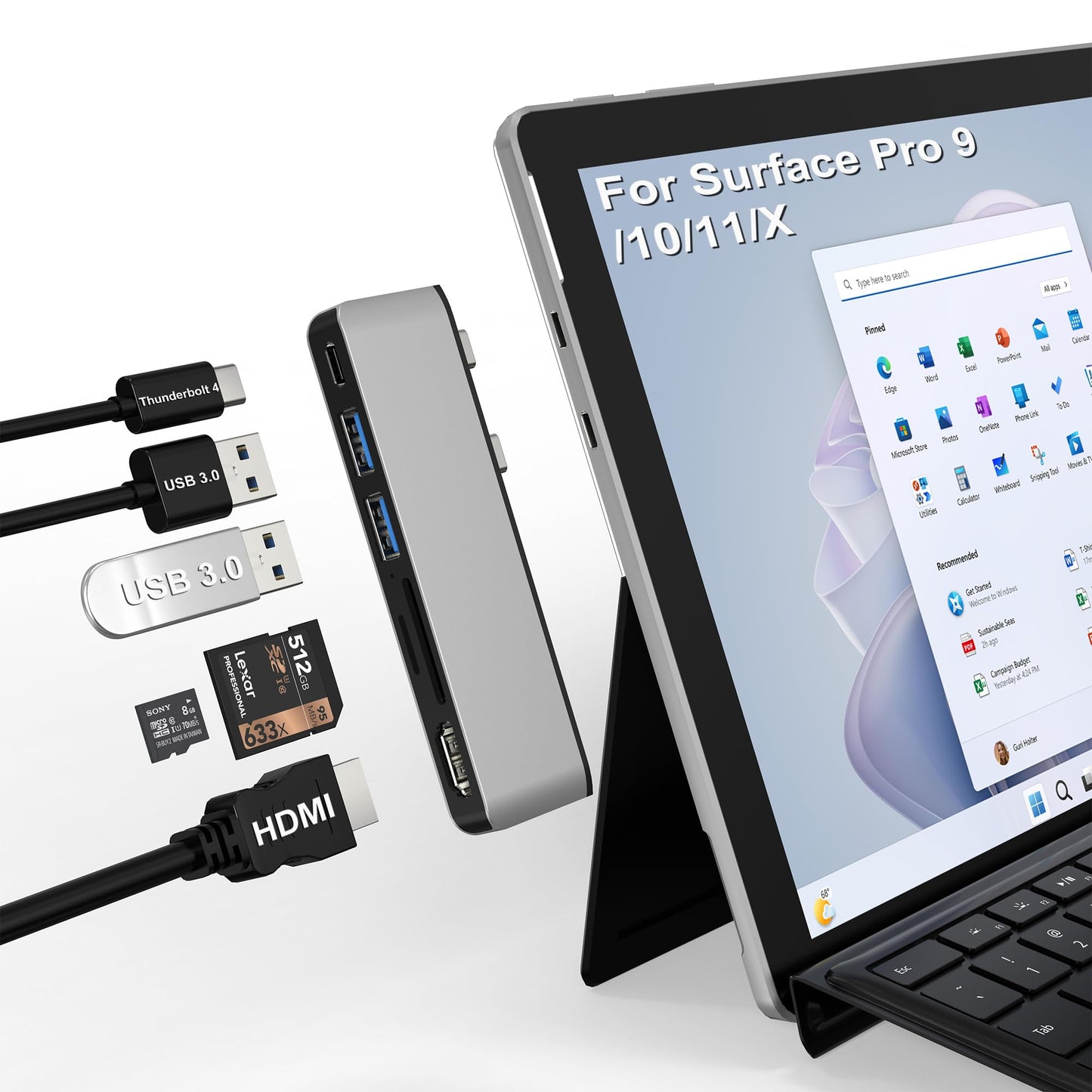 Surface Pro 11 USB Hub Surface Pro 9 USB Hub Docking Station with 4K HDMI USB-C Thunderbolt 4(8K Video+Data+100W PD) USB 3.0 * 2 SD TF Card Slot USB C Hub for Surface Pro 11/Pro 10/Pro 9/Pro X
