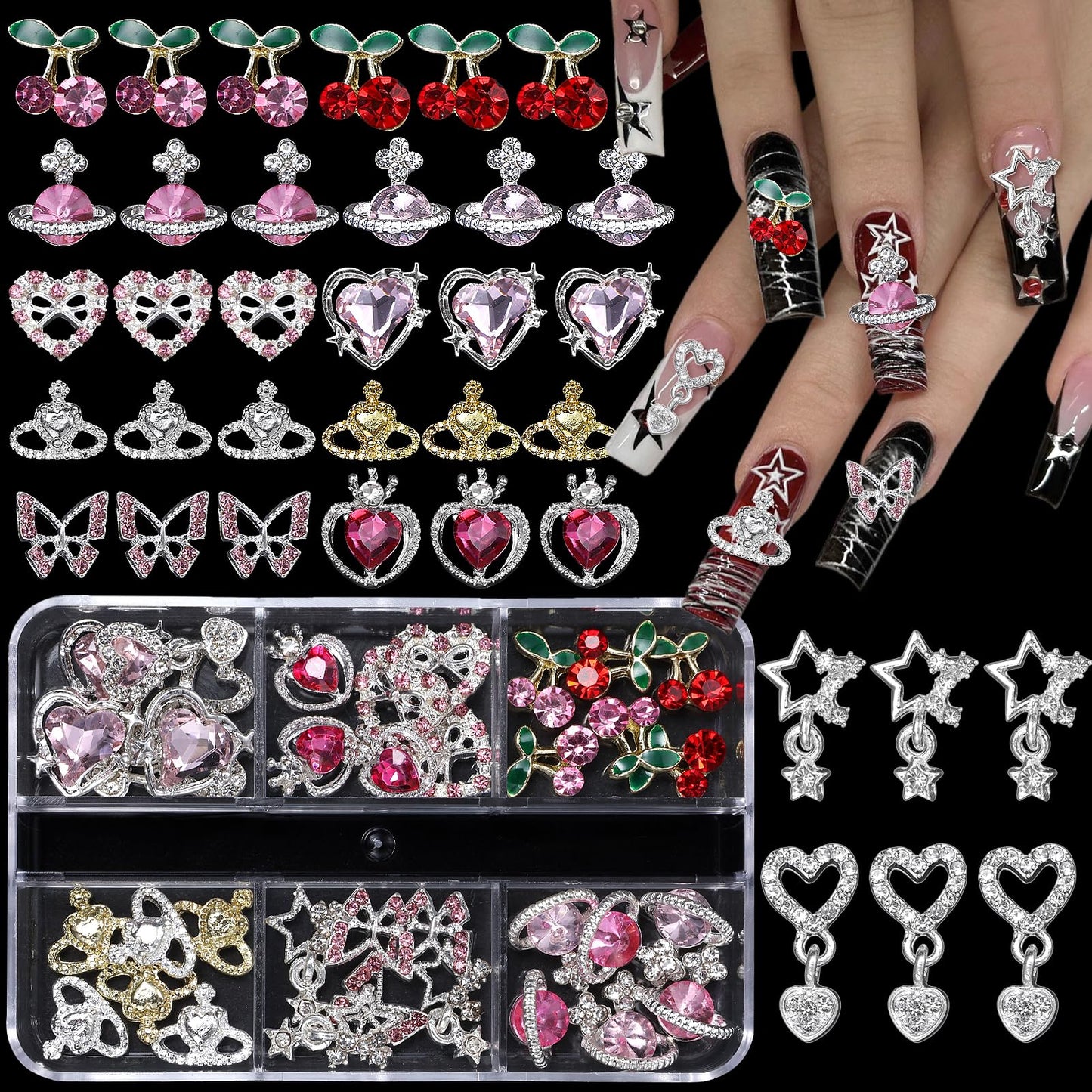 36 Pieces Valentines Day Heart Nail Charms Daimond Heart Nail Gems Charms Planet Cherry Butterfly Crown Nail Charms Gems Dangle Heart Star Charms for Nail Jewely Valentines Day Nail Art